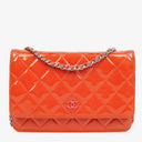Chanel Wallet On Chain WOC Orange Quilted Patent Leather With Pink CC Logo And Silver Hardware
