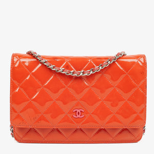 Chanel Wallet On Chain WOC Orange Quilted Patent Leather With Pink CC Logo And Silver Hardware