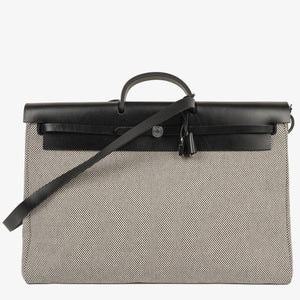 Hermes Zip Cabine Ecru/Blanc/Noir Viking Quadrille Canvas and Hunter Leather Bag