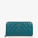 Chanel Turquoise Caviar Quilted Zip Around Wallet