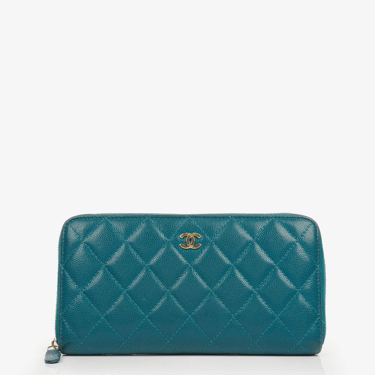 Chanel Turquoise Caviar Quilted Zip Around Wallet