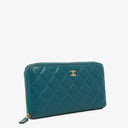 Chanel Turquoise Caviar Quilted Zip Around Wallet