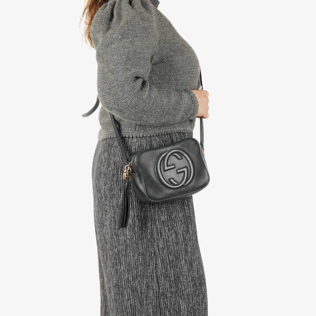 Gucci Pebbled Leather Black Soho Disco Studded Shoulder Bag