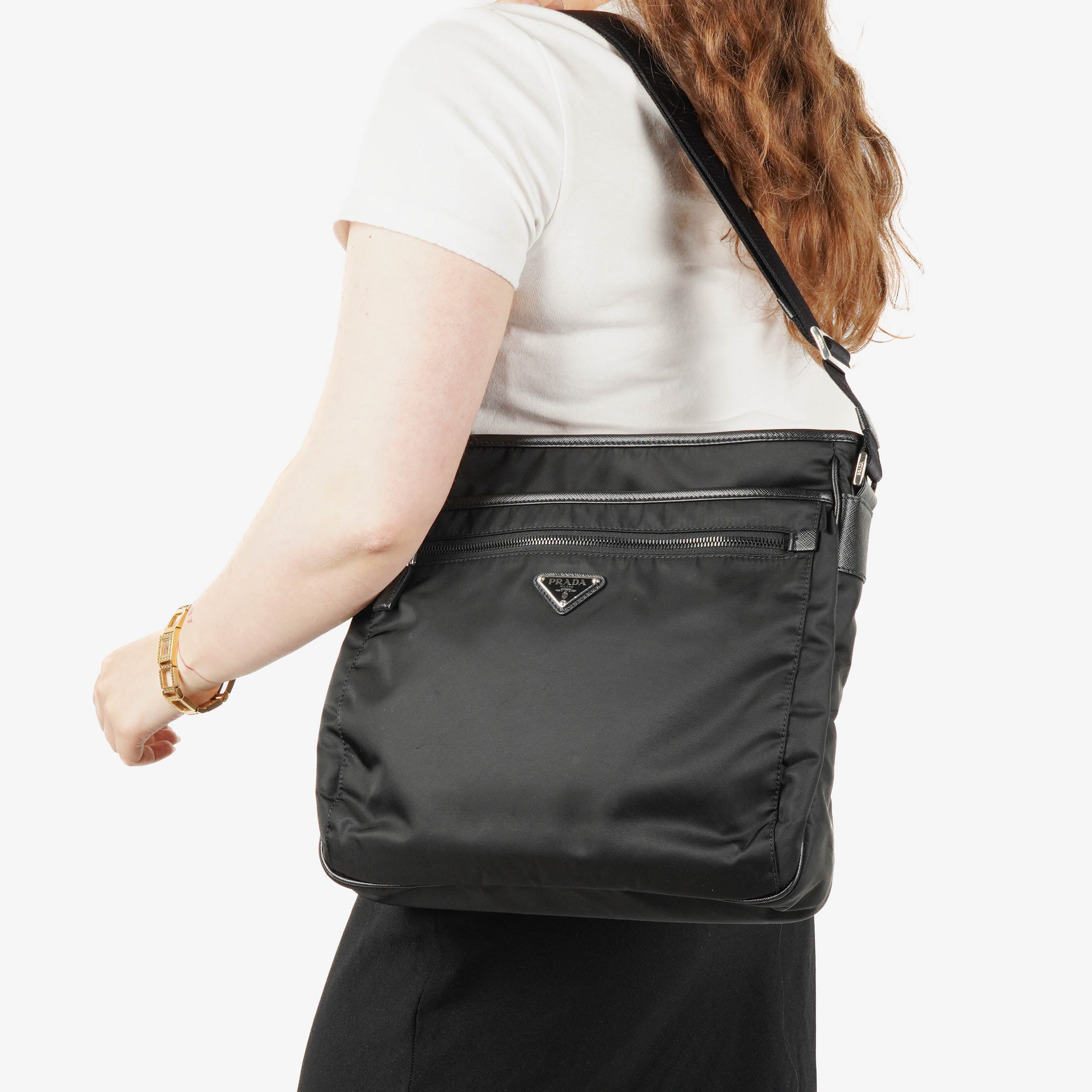 Prada Black Tessuto and Saffiano Leather Shoulder Bag