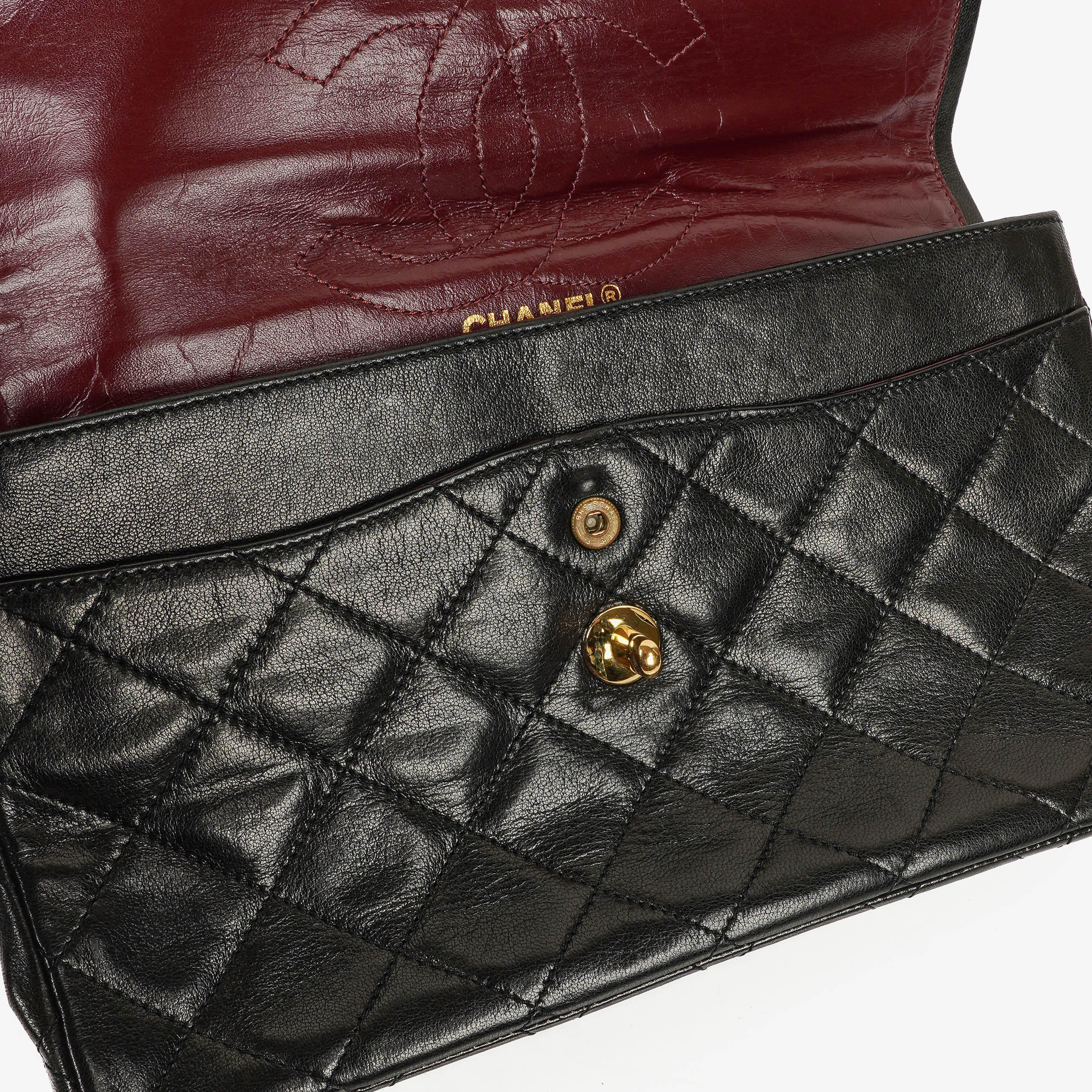 Chanel Paris Classic Medium Double Flap Bag Black Quilted Lambskin With Gold &amp; Silver Tone Combo Hardware