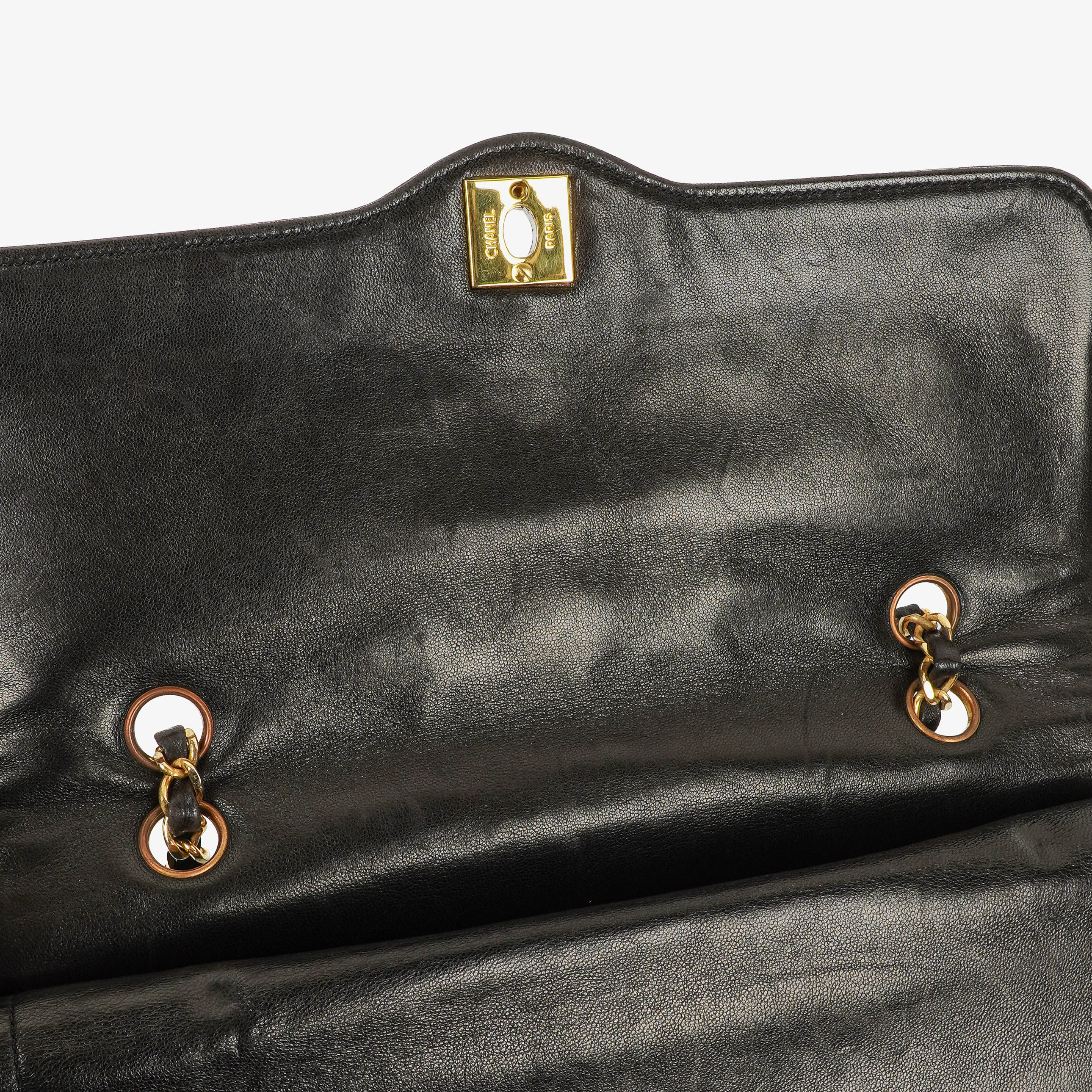 Chanel Paris Classic Medium Double Flap Bag Black Quilted Lambskin With Gold &amp; Silver Tone Combo Hardware