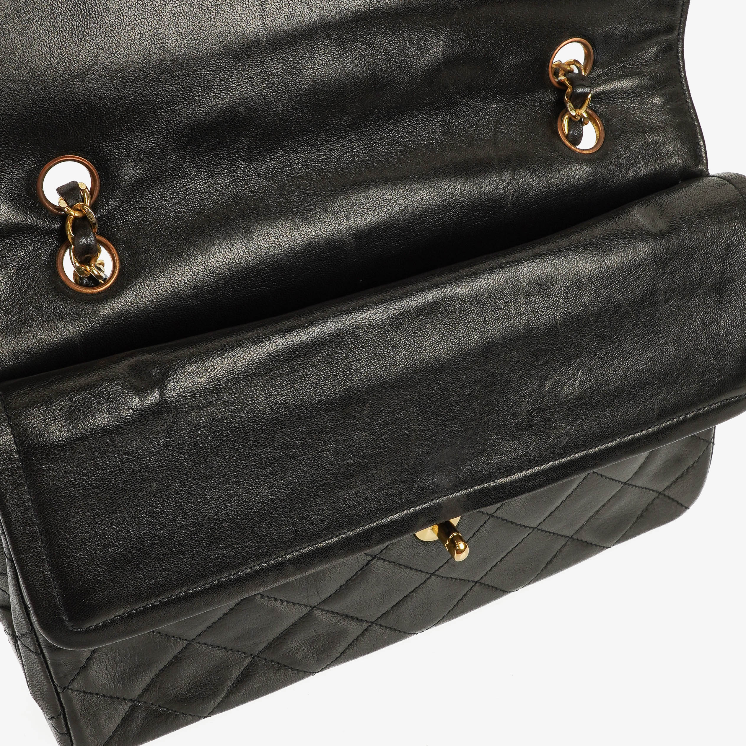 Chanel Paris Classic Medium Double Flap Bag Black Quilted Lambskin With Gold &amp; Silver Tone Combo Hardware