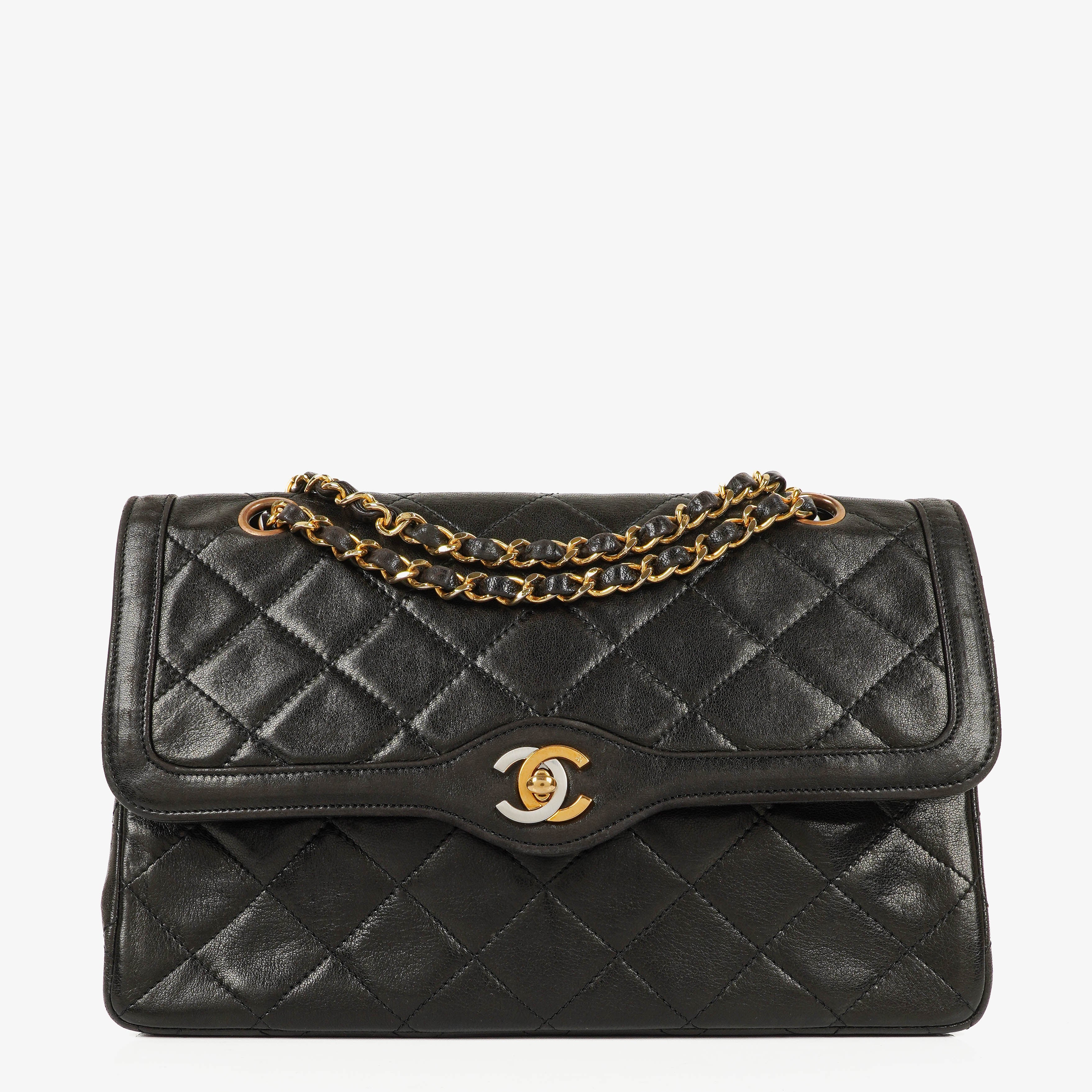 Chanel Paris Classic Medium Double Flap Bag Black Quilted Lambskin With Gold &amp; Silver Tone Combo Hardware