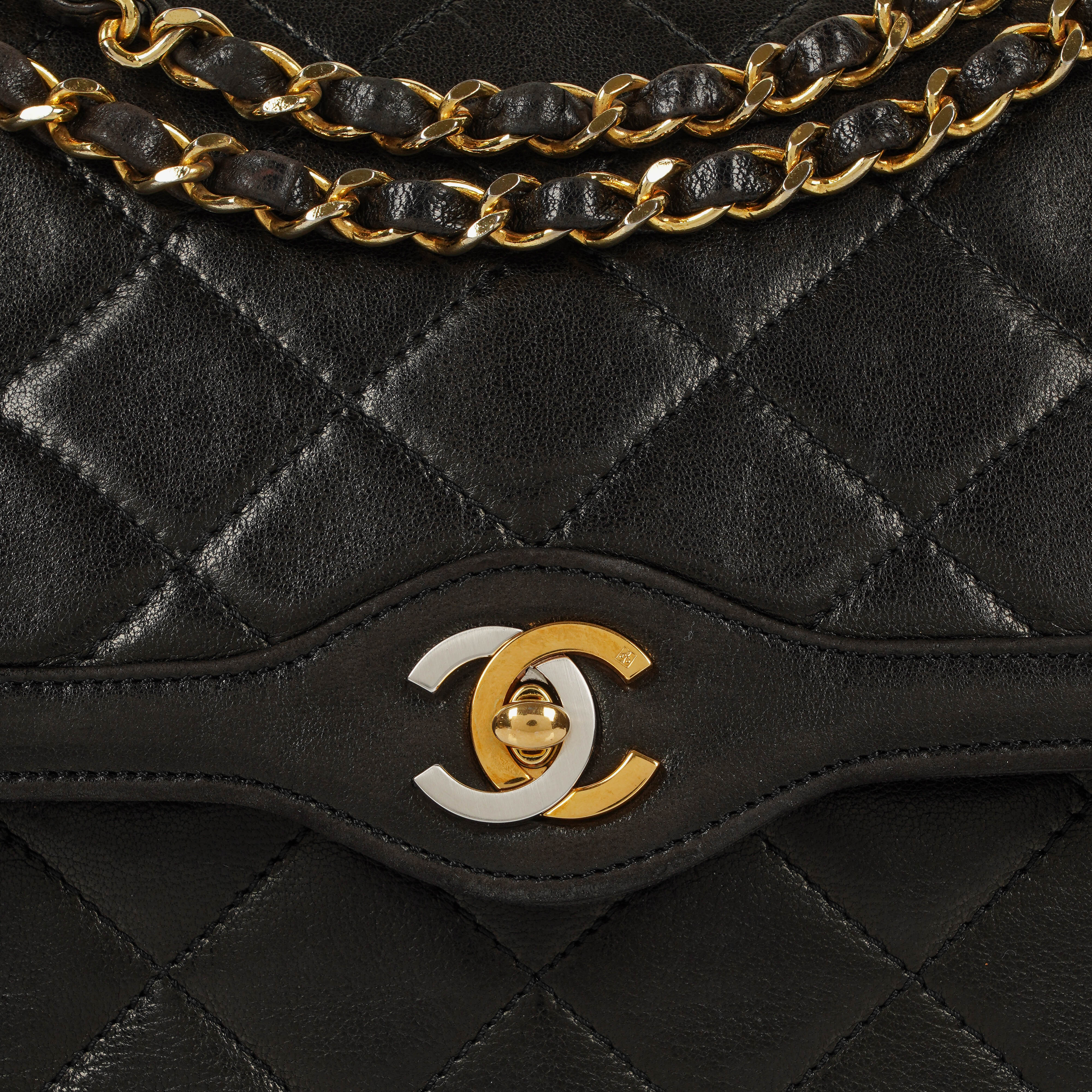 Chanel Paris Classic Medium Double Flap Bag Black Quilted Lambskin With Gold &amp; Silver Tone Combo Hardware