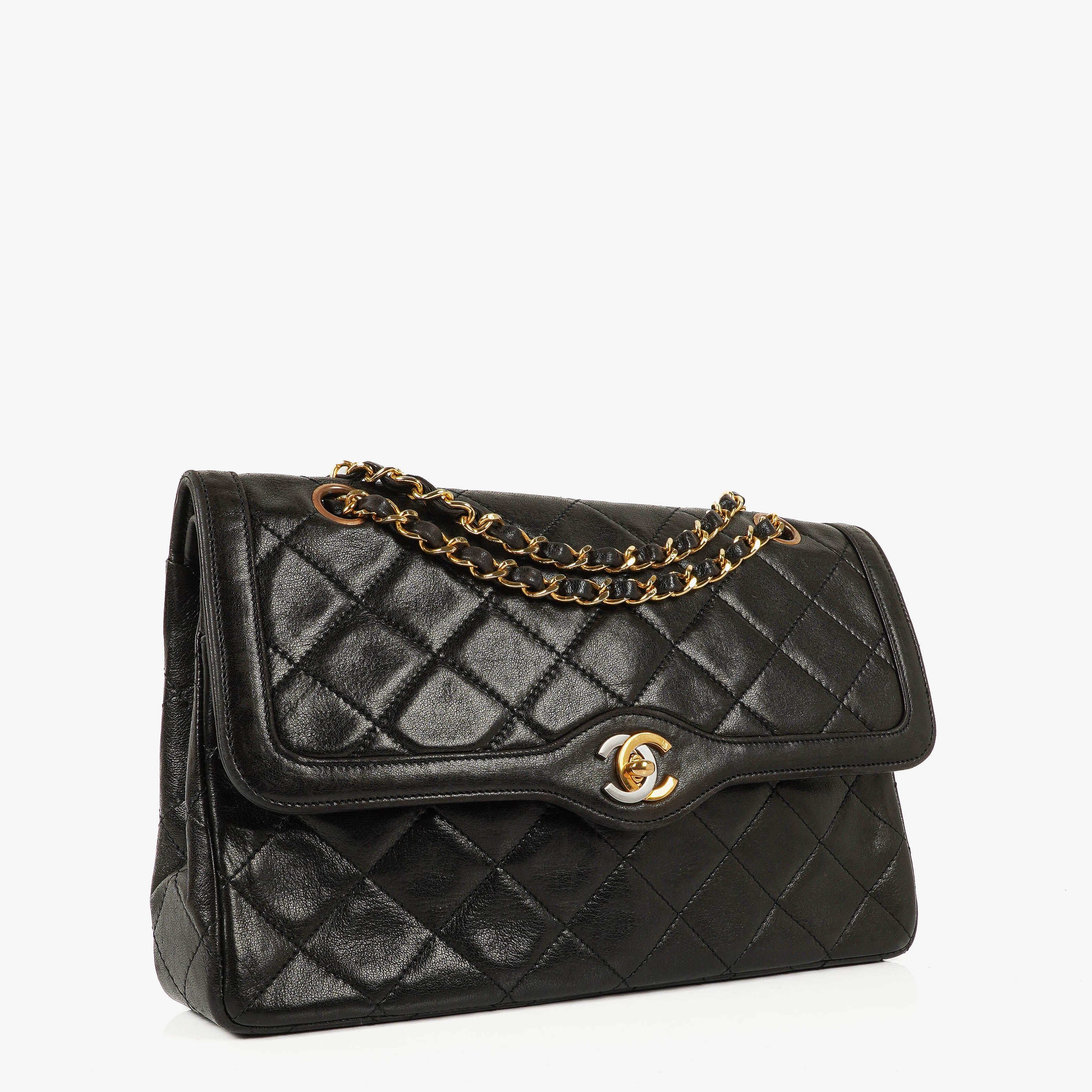 Chanel Paris Classic Medium Double Flap Bag Black Quilted Lambskin With Gold &amp; Silver Tone Combo Hardware
