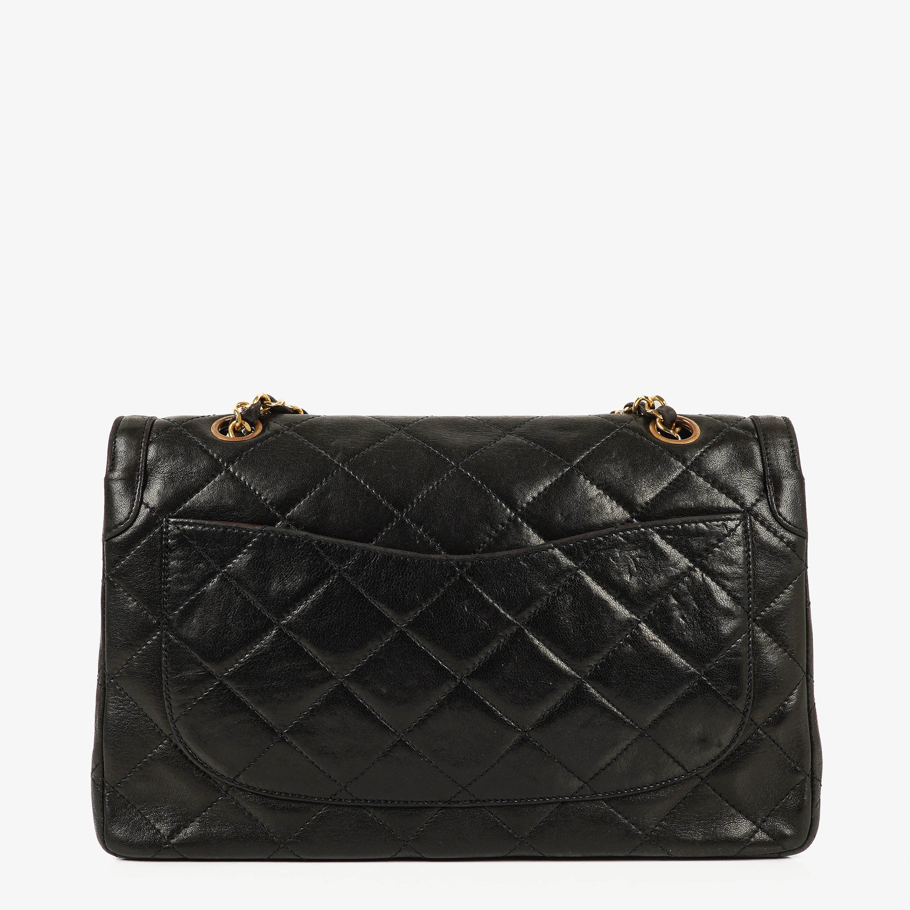 Chanel Paris Classic Medium Double Flap Bag Black Quilted Lambskin With Gold &amp; Silver Tone Combo Hardware