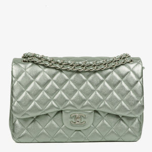 Chanel Classic Metallic Green Quilted Lambskin Jumbo Double Flap Bag&nbsp;