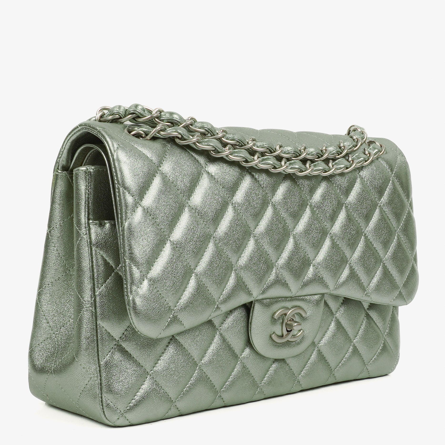 Chanel Classic Metallic Green Quilted Lambskin Jumbo Double Flap Bag&nbsp;