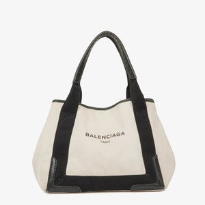 Balenciaga Navy Cabas Small Natural Black Calfskin Cotton Canvas Bag