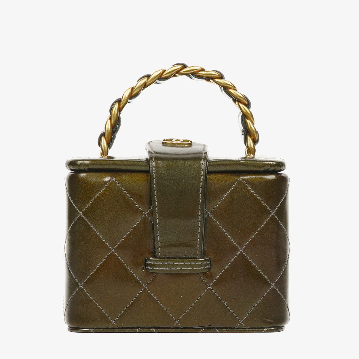 Chanel CC Kosmetiktasche Olivgrün Schillernd Gepolstertes Lackleder