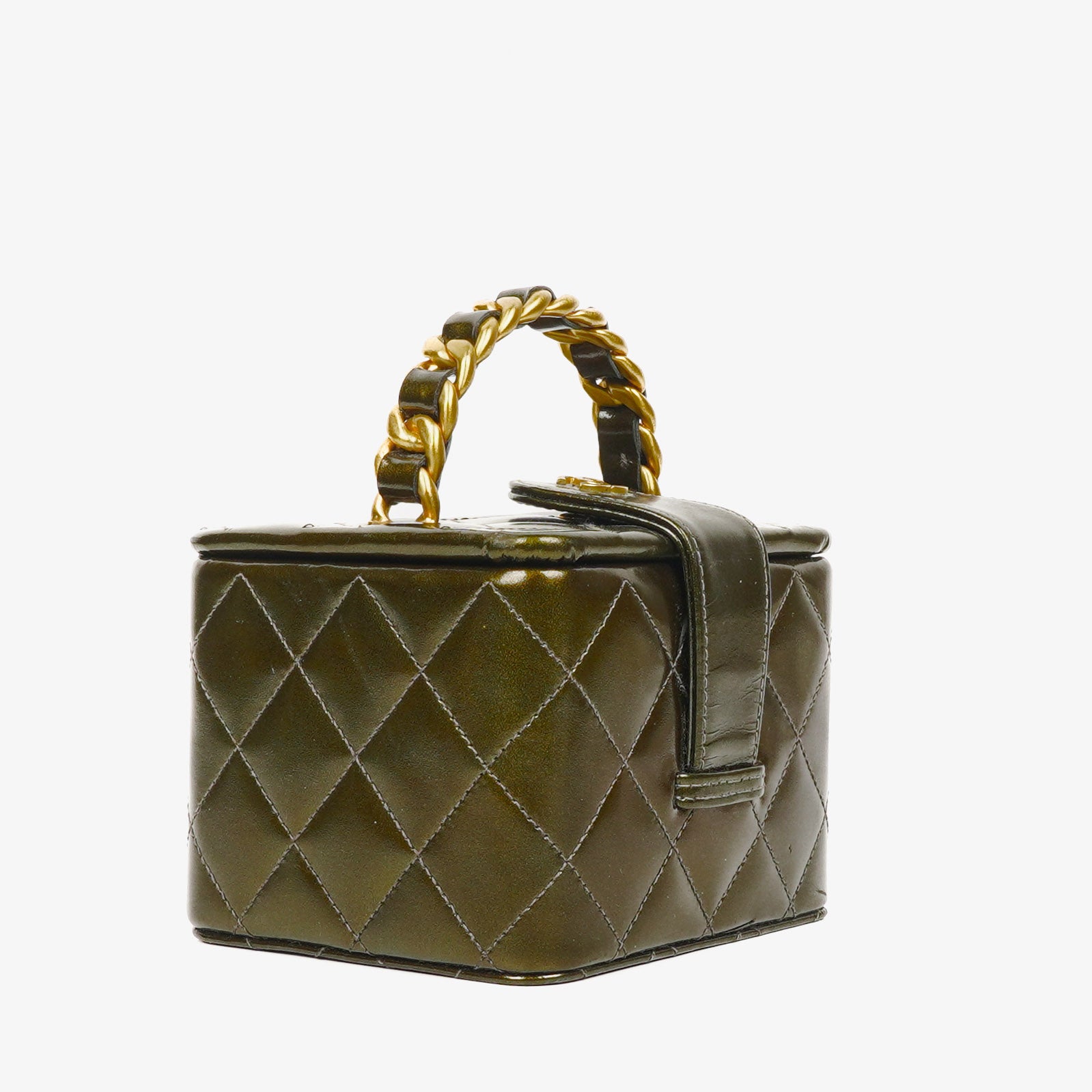 Chanel CC Kosmetiktasche Olivgrün Schillernd Gepolstertes Lackleder