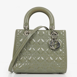 Christian Dior Medium Lady Dior Army Green Cannage Quilted Patent Leather Bag