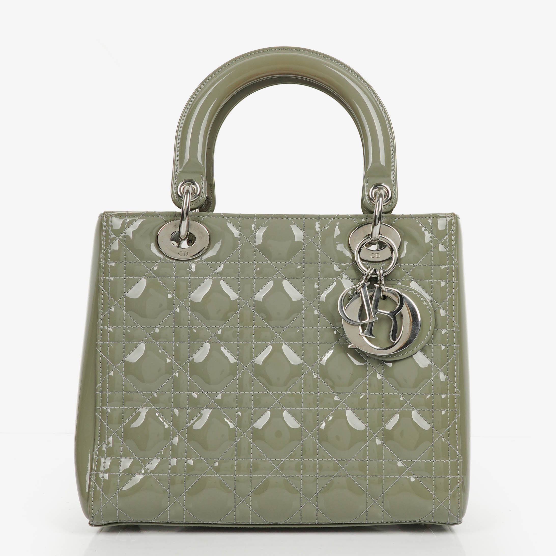 Christian Dior Medium Lady Dior Army Green Cannage Quilted Patent Leather Bag