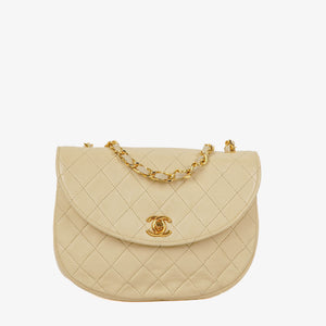 Chanel Classic Lambskin Half Moon Beige Flap Bag With 24K Gold-Plated Hardware