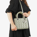 Christian Dior Medium Lady Dior Army Green Cannage Quilted Patent Leather Bag