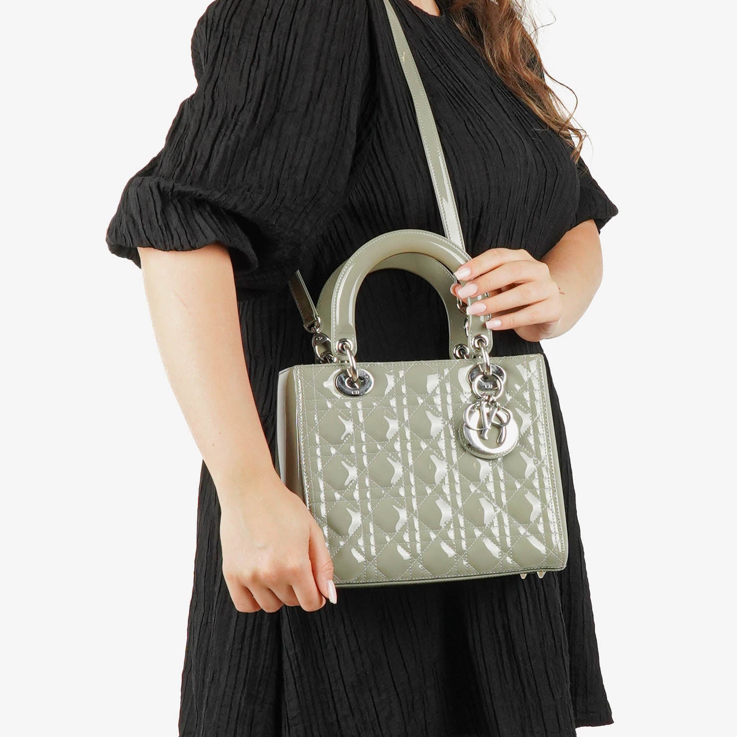 Christian Dior Medium Lady Dior Army Green Cannage Quilted Patent Leather Bag