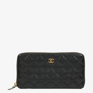 Chanel Black Caviar Quilted Large Gusset Zip Around Wallet