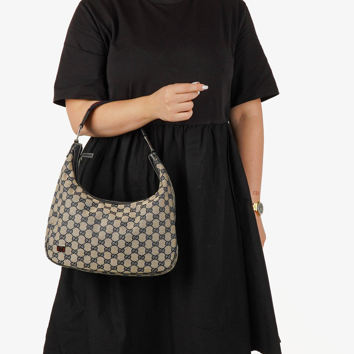 Gucci Monogram Charmy Web Handle Hobo Bag