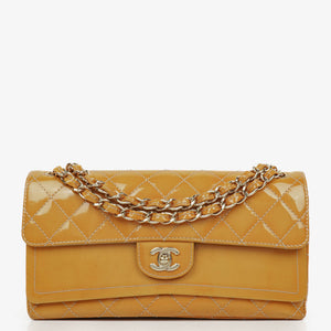 Chanel Double Flap Bag Yellow Quilted Patent Leather With Silver-Tone Hardware