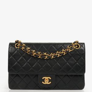 Chanel Medium Vintage Classic Double Flap Bag in Quilted Black Lambskin with 24K Gold-Plated Hardware