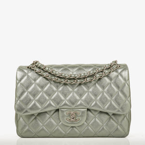 Chanel Classic Metallic Green Quilted Lambskin Jumbo Double Flap Bag