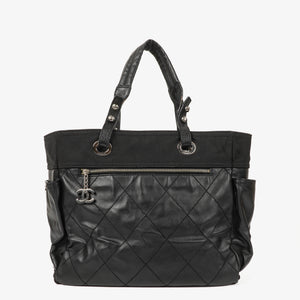 Chanel Paris-Biarritz Black Quilted Coated Canvas Grand Shopping Tote Bag