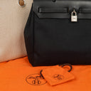 Hermes Herbag PM Vache Hunter Noir Canvas 2 Way With Palladium Hardware