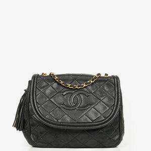 Chanel Vintage CC Diamond Black Quilted Lambskin Tassel Bag