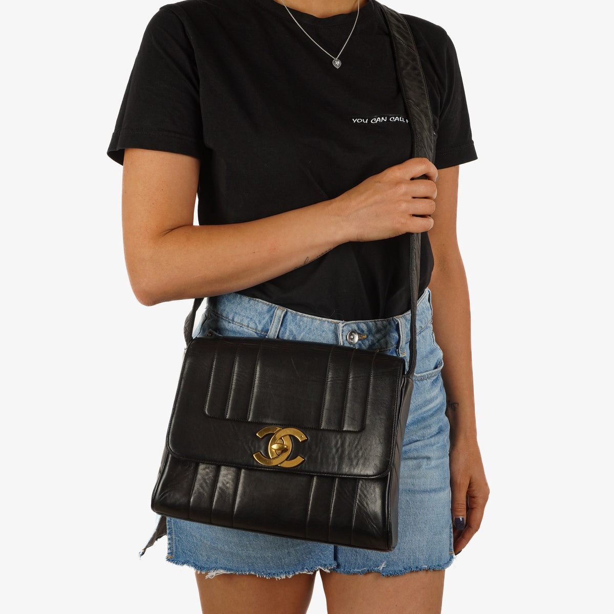 Chanel Maxi Logo Crossbody Flap Bag Black Vertical Quilted Lambskin 24K Gold-Plated Hardware