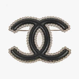 Chanel Metal And Black Leather CC Brooch