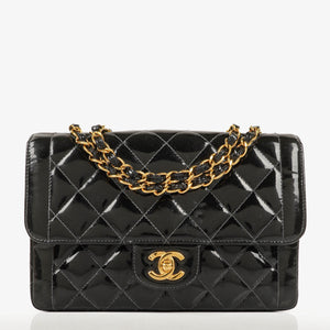 Chanel Single Flap Bag Black Quilted Patent Leather With 24K Gold-Plated Hardware