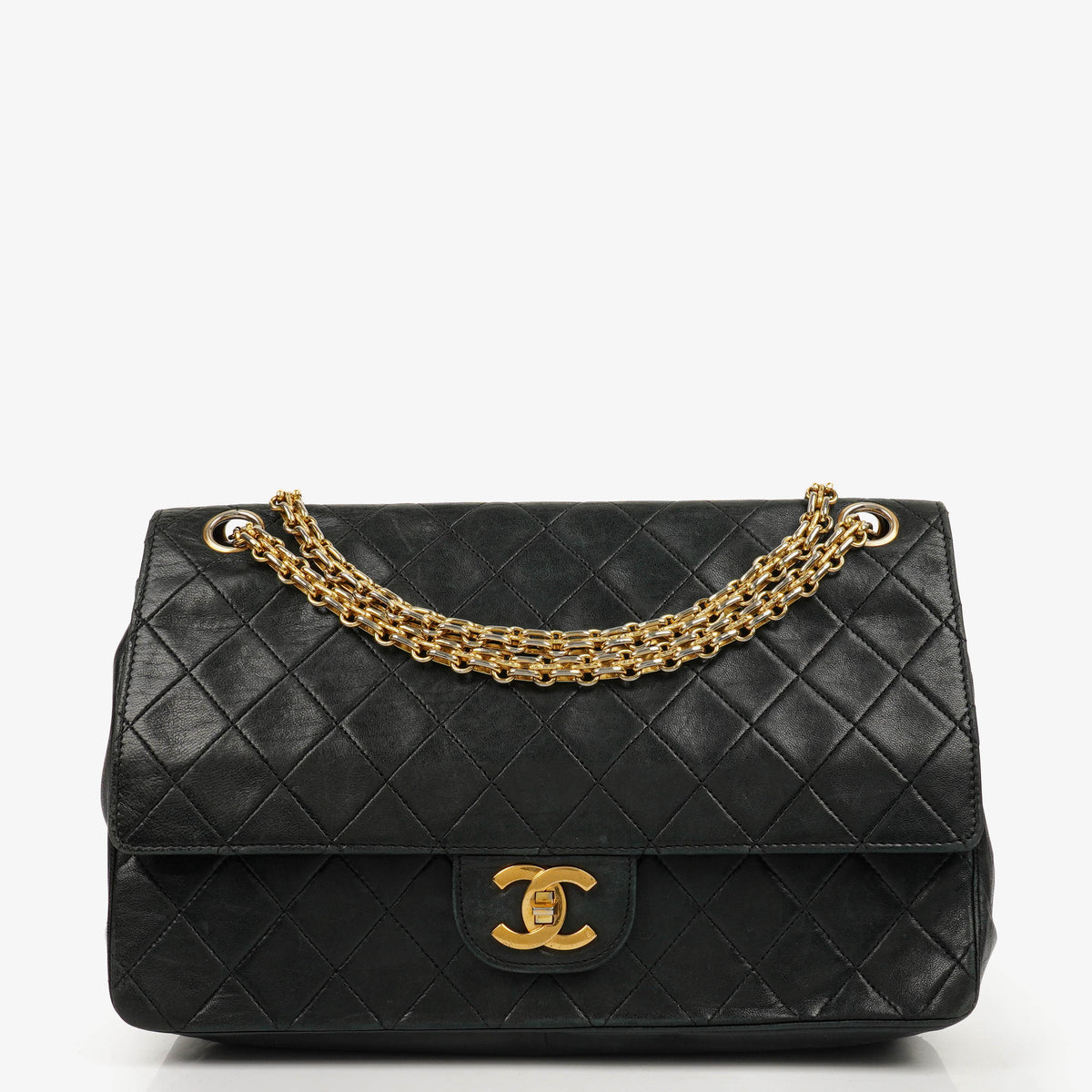 Chanel Medium Double Flap Bag Black Quilted Lambskin With 24K Gold-Plated Hardware And Mademoiselle Chain
