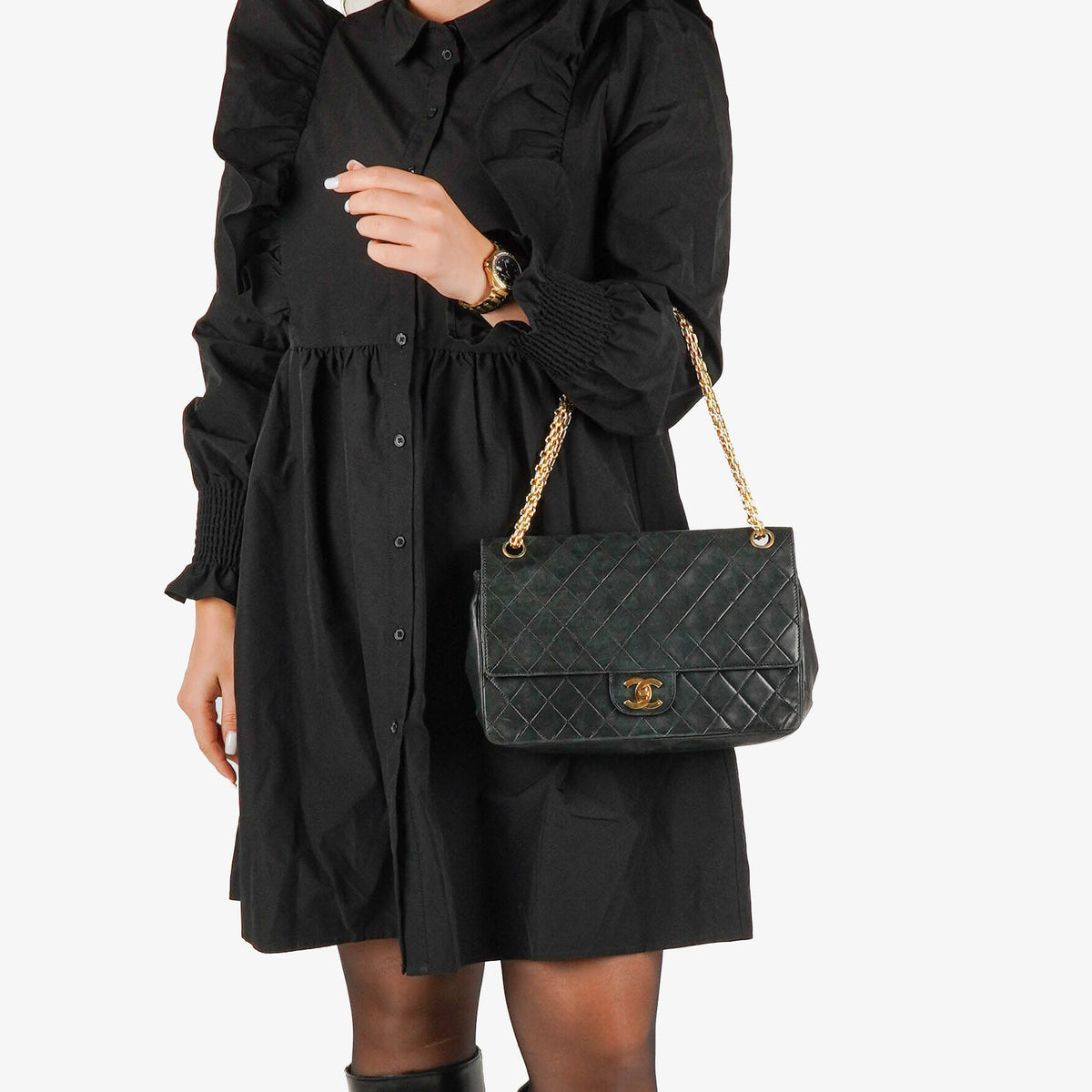 Chanel Medium Double Flap Bag Black Quilted Lambskin With 24K Gold-Plated Hardware And Mademoiselle Chain