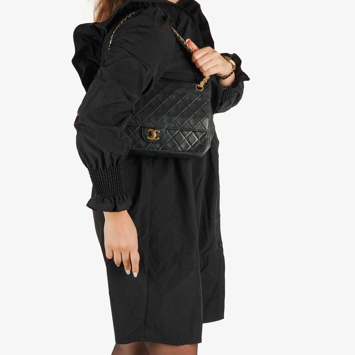 Chanel Medium Double Flap Bag Black Quilted Lambskin With 24K Gold-Plated Hardware And Mademoiselle Chain