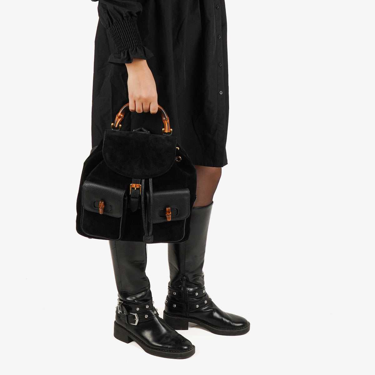 Gucci Vintage Black Suede and Leather Bamboo Backpack