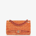 Borsa Chanel Timeless Classic Double Flap in Pelle Verniciata a Righe Rosse e Gialle con Finiture Argento