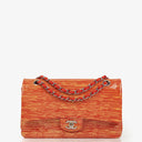 Borsa Chanel Timeless Classic Double Flap in Pelle Verniciata a Righe Rosse e Gialle con Finiture Argento