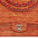 Borsa Chanel Timeless Classic Double Flap in Pelle Verniciata a Righe Rosse e Gialle con Finiture Argento