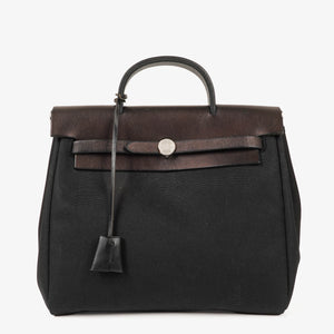 Hermes Herbag PM Vache Hunter Noir Toile 2 Way Backpack With Palladium Hardware