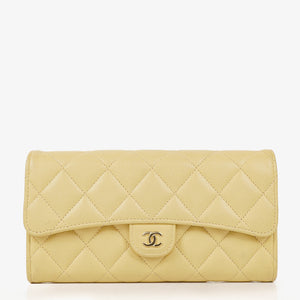 Chanel Quillted Caviar Yellow Leather Flap Wallet