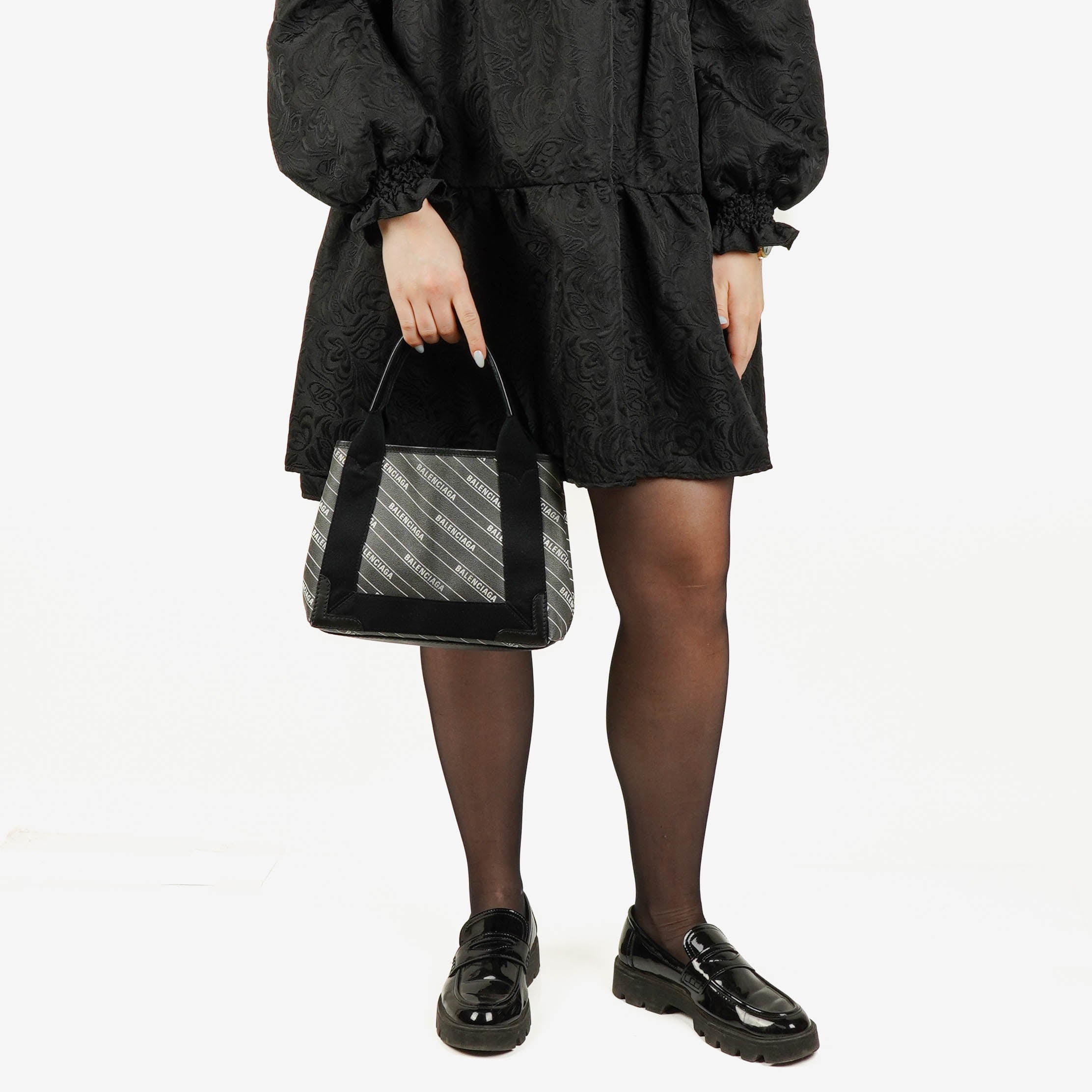Balenciaga Baumwolle Navy Canvas Kalbsleder Logo Print Cabas XS