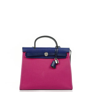 Hermes Herbag Zip 31 PM Sapphire Blue Hunter Cowhide Magnolia Canvas With Palladium Hardware