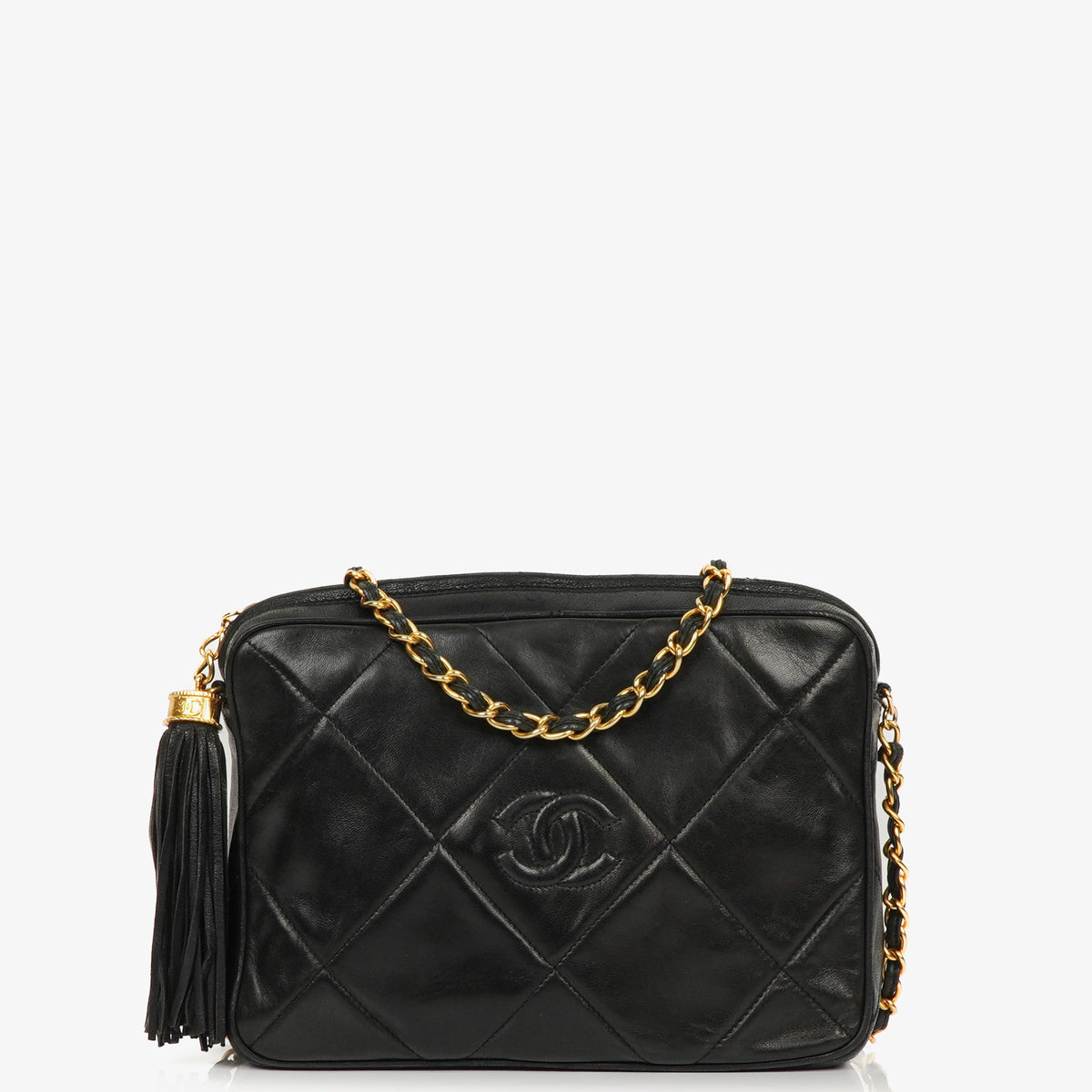 Chanel Vintage CC Black Quilted Lambskin Medium Camera Tassel Shoulder Bag