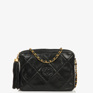 Chanel Vintage CC Black Quilted Lambskin Medium Camera Tassel Shoulder Bag