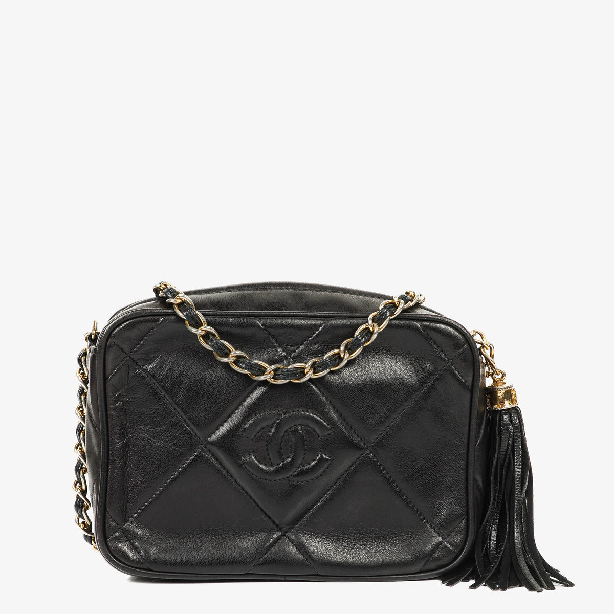 Chanel Vintage Camera Tassel Bag CC Black Quilted Leather